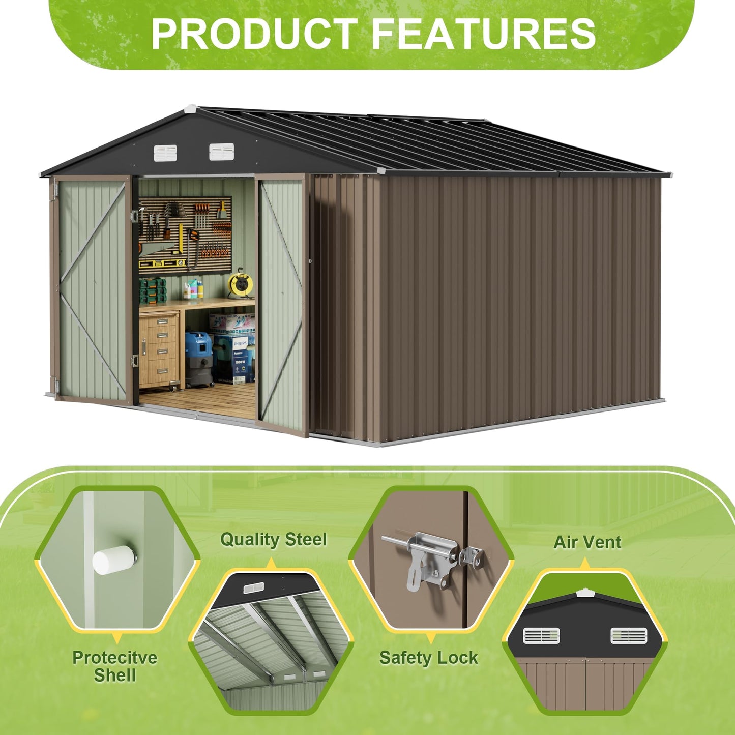 JUMMICO 10 x 10 FT Outdoor Storage Shed, Large Metal Garden Shed & Tool Sheds for Backyard Garden Patio Lawn (Brown)