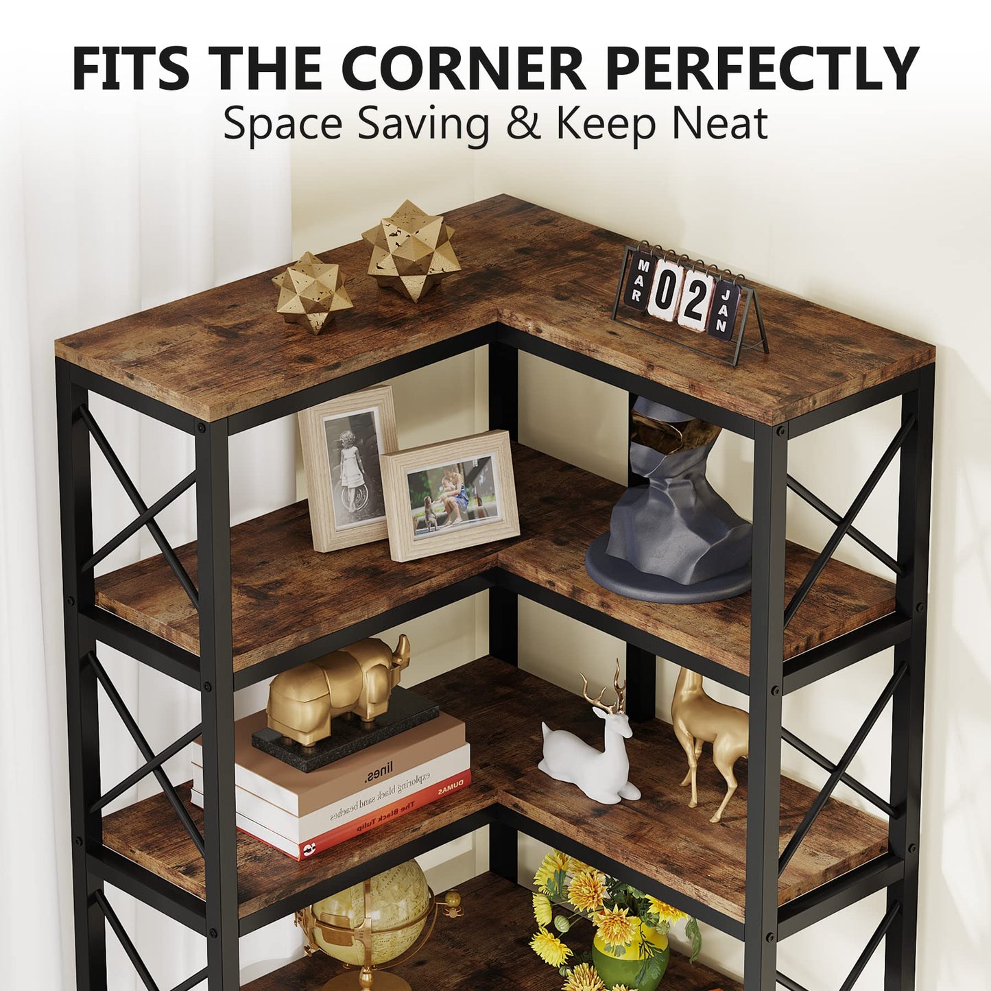 Tribesigns 7-Shelf Corner Bookshelf,Large Modern Corner Bookcase, 7-Tier Tall Corner Shelf Storage Display Rack with Metal Frame for Living Room Home Office (Rustic Brown)