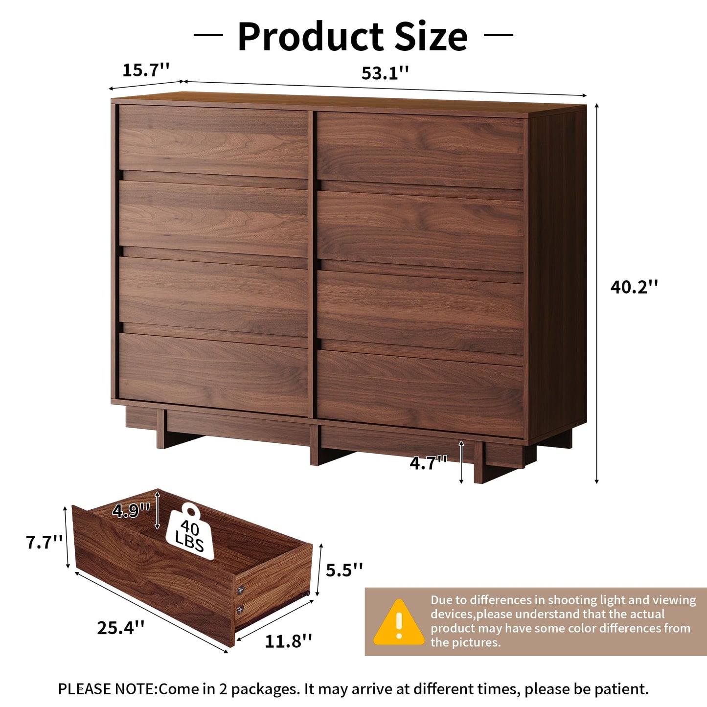 SINROM Walnut Dresser for Bedroom, 53.1" Wide 8 Drawer Dresser, Mid Century Modern Dressers Chest of Drawers, Wooden Large Dressers for Bedroom, Closet