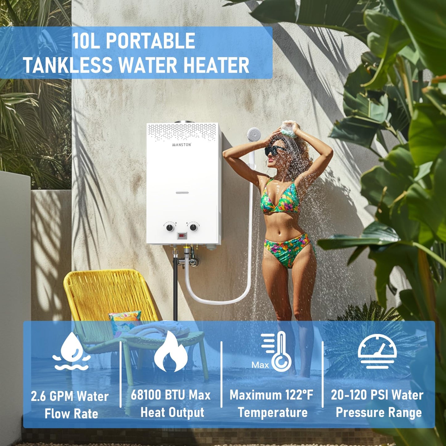Water Heater Tankless, VANSTON Propane Water Heater Outdoor, 2.64GPM Portable Water Heaters, Instant Hot Water Heaters, Overheat Protection, Easy Installation & Lightweight for RV, Camping, 10L