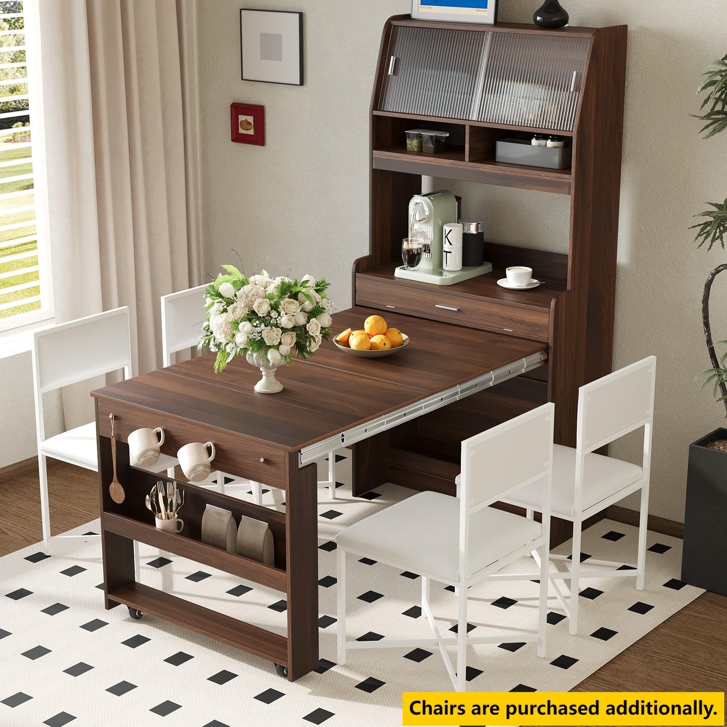 Merax Sideboard Buffet Cabinet with Foldable Dining Table, Multifunctional Cupboard with Storage Shelf and Hooks, for Small Places,Studio, Apartment