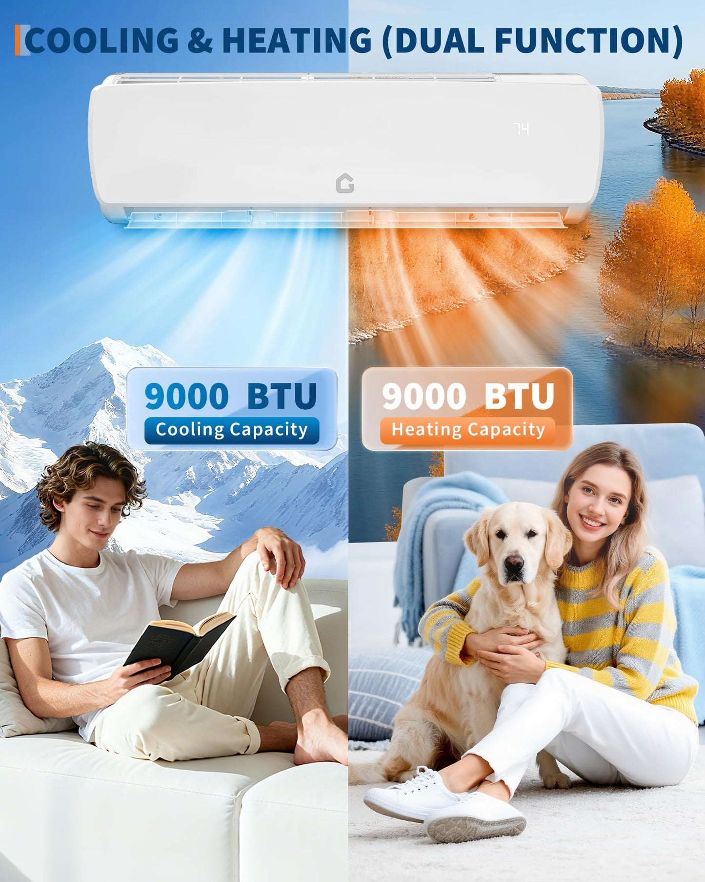 9000 BTU Mini Split Air Conditioner, 19 SEER2 Inverter Heat Pump 115V R32 Refrigerant, 4-in-1 Cooling Heating Dry Fan, Ultra Quiet 23dB, Cools Up to 450 Sq.Ft, Ductless Minisplit AC ETL AHRI Certified