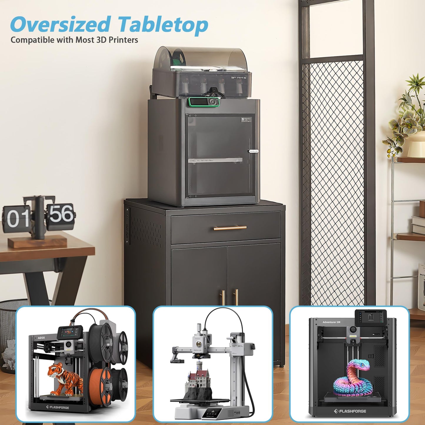 LEYNOT Metal 3D Printer Table, with Filament Storage, Silent Desk Pad, Charging Station & Drawers - Dustproof, Heavy-Duty for Home Office and Studio (Double Door Style - Black)