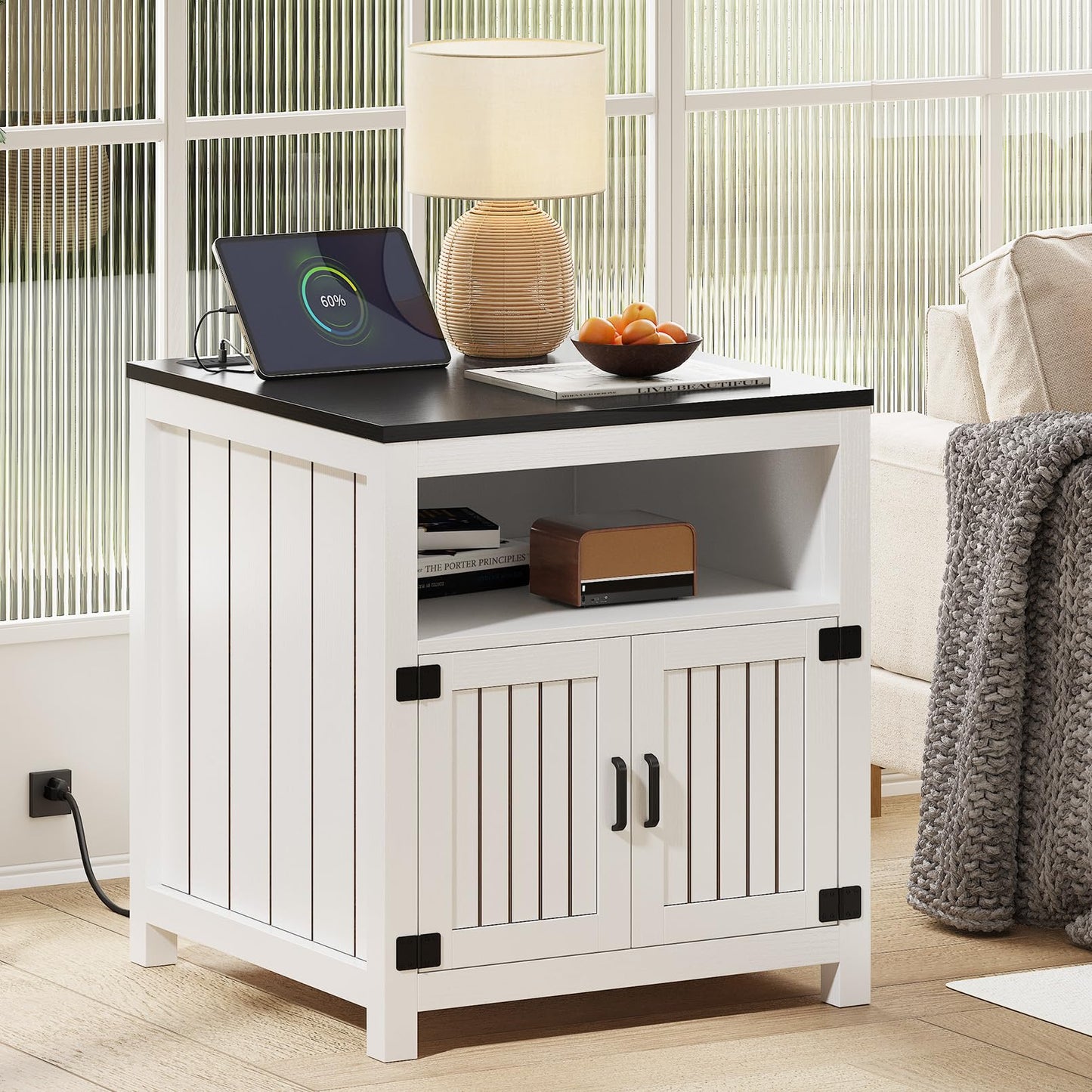 Vividwood Farmhouse End Table Set of 2 with Charging Station, 24" Large Side Table with Open Shelf and Storage Cabinet, Wood Square Bedside Table Nightstand for Living Room, Bedroom (White)