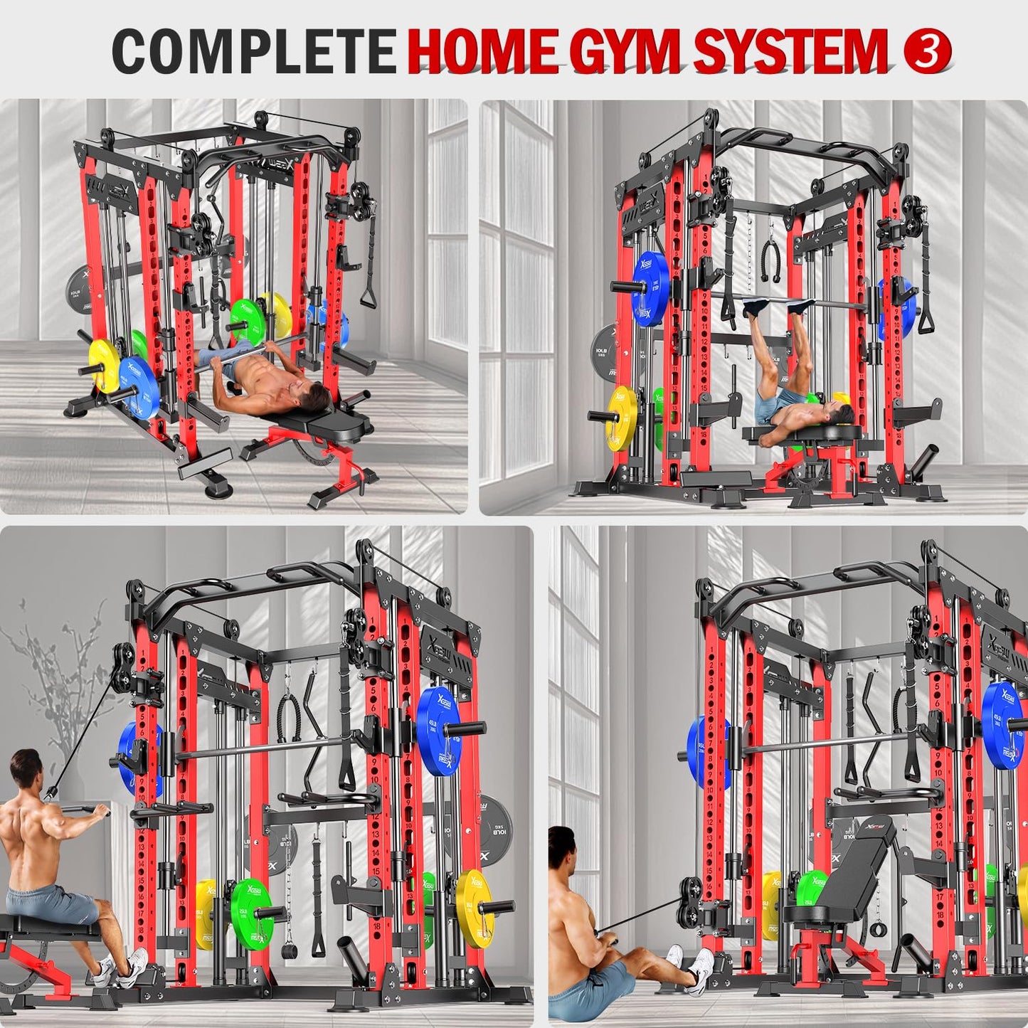 Smith Machine with Cable Crossover System, Multi-Function Power Cage Squat Rack for Home Gym, Power Rack and Packages Weight Sets. (Red, L04-Smith Machine+Bench+(Pole+Cast lron) 250LBS)