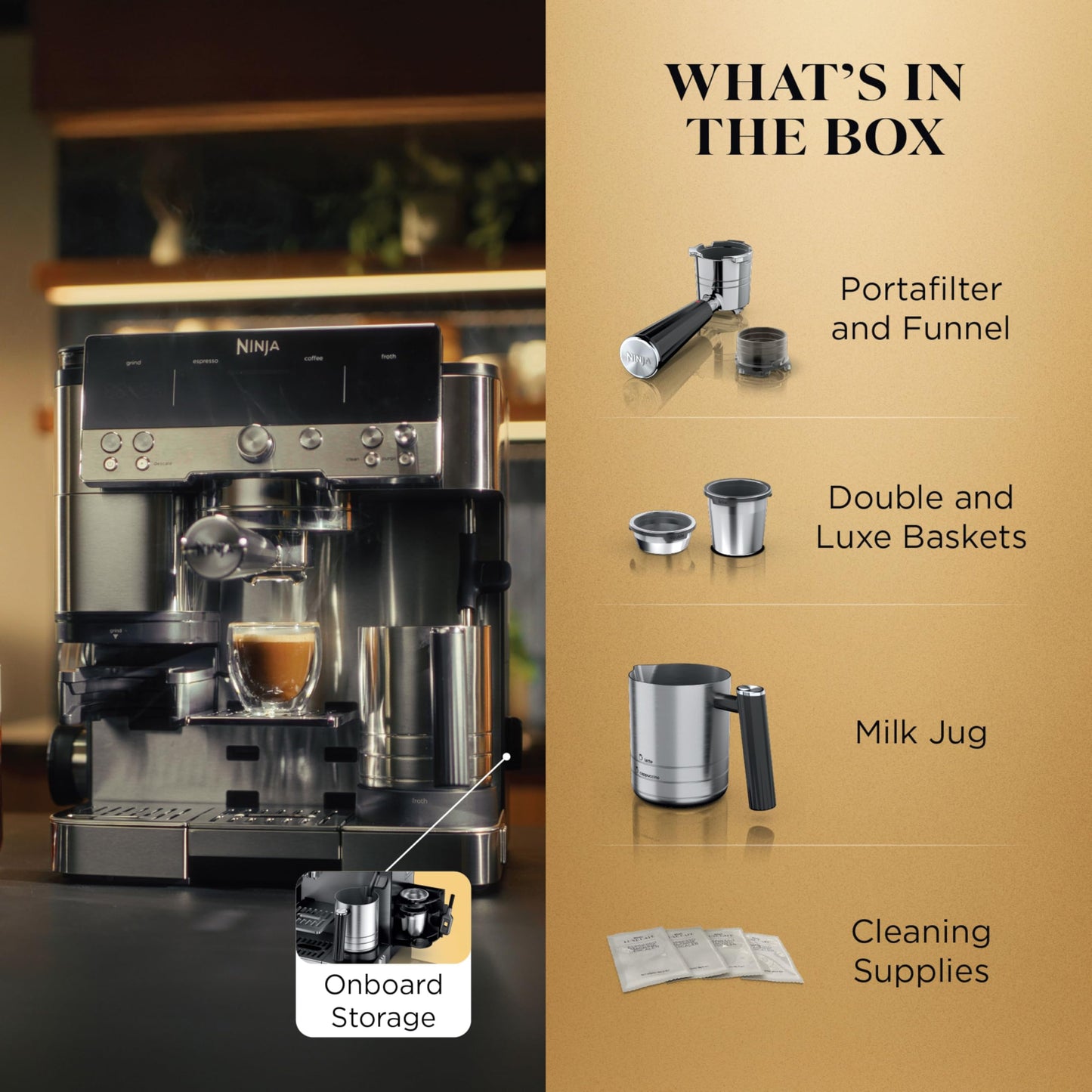 Ninja Luxe Café Premier 3-in-1 Espresso Machine, Drip Coffee, & Rapid Cold Brew | Built-in Coffee Grinder, Hands-Free Milk Frother, Assisted Tamper for Cappuccinos & Lattes | Stainless Steel | ES601