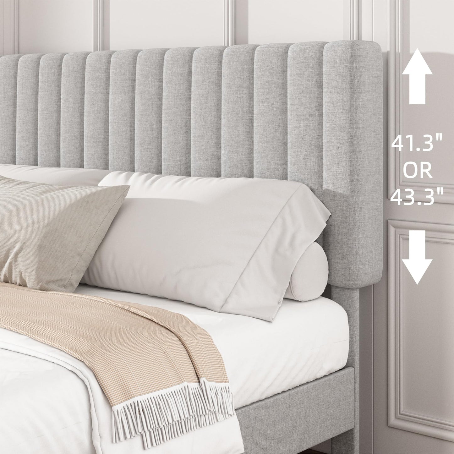 Mxhtcewz Queen Size Platform Bed Frame with Vertical Channel Tufted Headboard, No Box Spring Needed, Noise-Free, Easy Assembly, Light Grey Linen