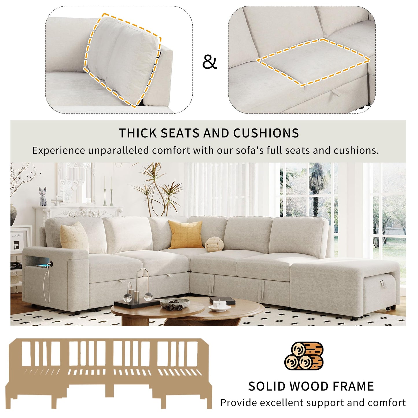 Merax L-Shaped Modular Sofa with Removable Storage Ottoman, USB Ports and Cup Holder, Upholstered Sectional Couch & Armrest, Free Combination Indoor Furniture for Living Room, Apartments, Beige