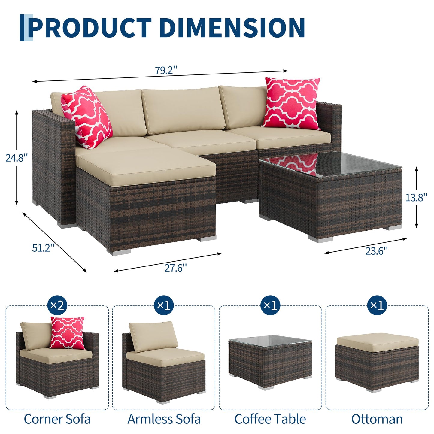 PeakPursuit Outdoor Patio Furniture Set, 5 Pieces Rattan Patio Conversation Sets with Glass Coffee Table and Cushion,All Weather Outdoor Patio Sofa for Garden, Poolside, Backyard,Khaki