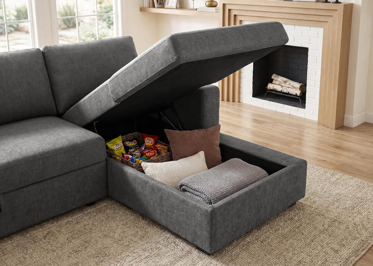 HONBAY Sectional Sleeper Sofa with Pull-Out Bed Storage Chaise, 6 Seaters Couch for Living Room, Light Grey
