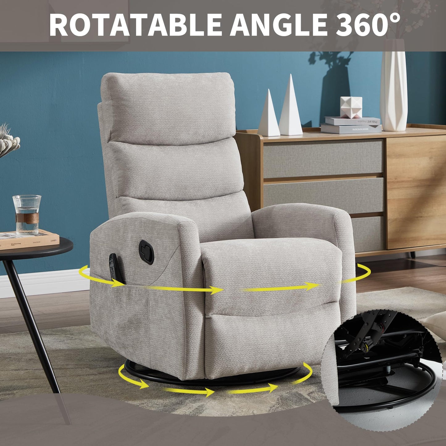 GDFStudio Heat Massage Manual Recliner Chair with Rocking and 360° Swivel, Chenille Fabric Recliner Chair with Lumbar Heat, 8-Point Vibration Massage, 155° Reclining Chair for Living Room, Grey