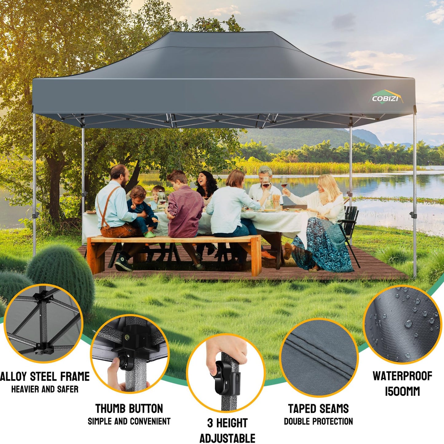 COBIZI 10x15 Pop up Canopy Tent Heavy Duty, Easy Set-up Commercial Outdoor Party Tent, 100% Waterproof Wedding Tents Gazebo, 3 Height Adjustable with Handbag, Gray