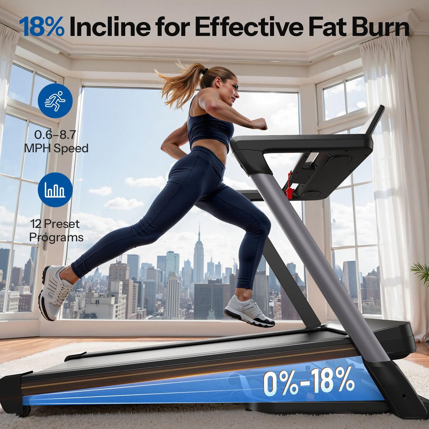 Niceday TM2 Treadmill with 18% Auto Incline, 3.0HP Brushless Wide Belt Foldable Home Treadmills with Handles,380 lb Capacity, Smart Fitness Apps and 0.6-8.7MPH Indoor Running Machine for Fun Home Gym