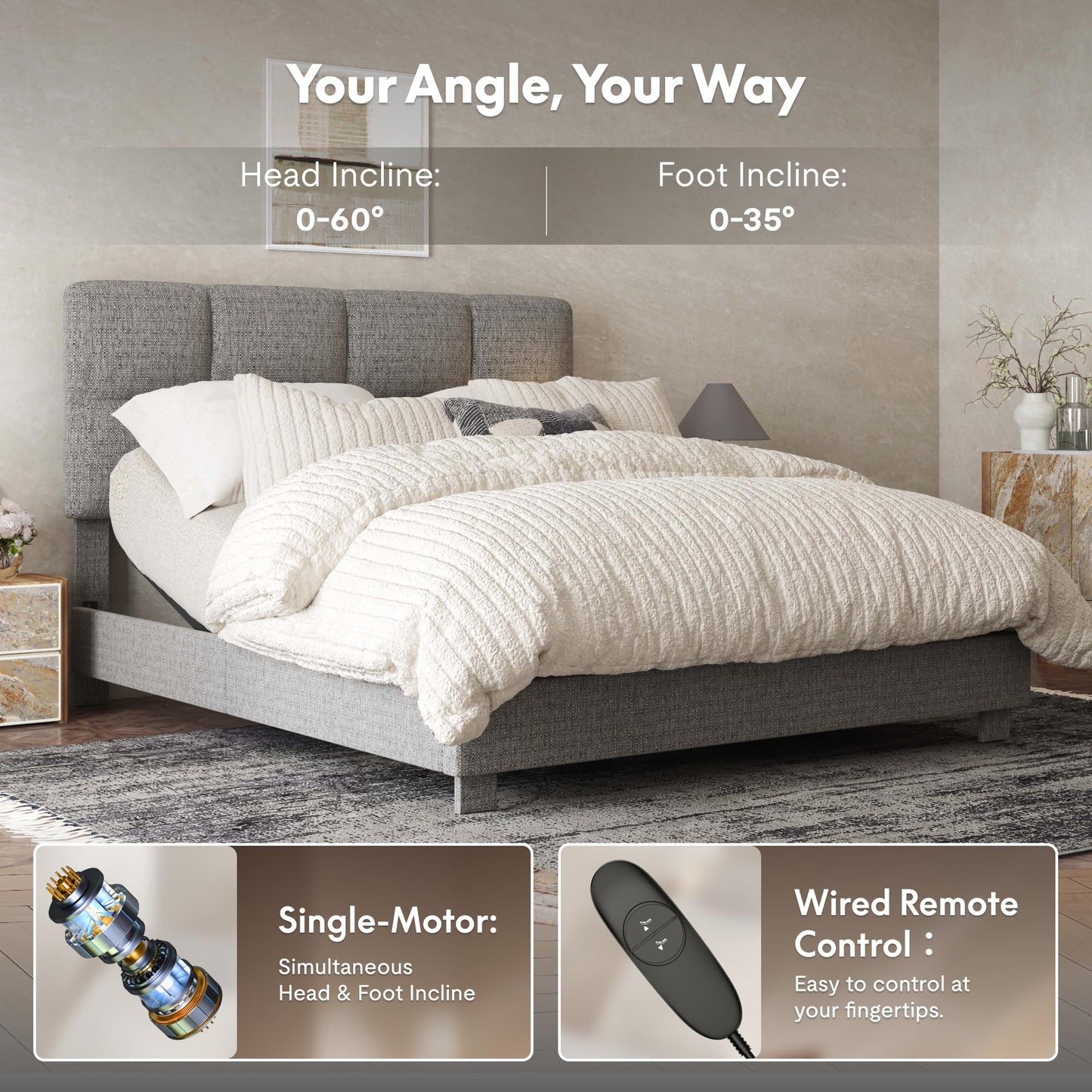 FLEXISPOT Adjustable Bed Frame Queen with Upholstered Square-Tufted Headboard and Footboard, Synchronized Head & Foot Lift, All-in-One, Design, 5-Year Motor & 10-Year Frame Warranty, Light Grey