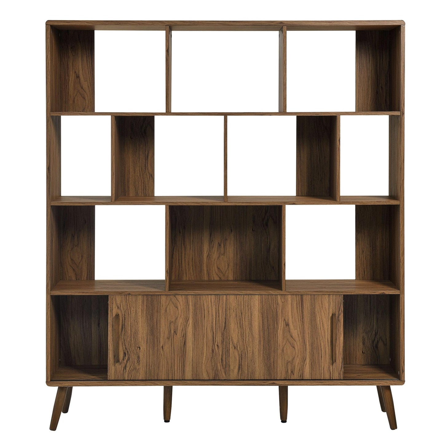 Modway Transmit 14 Shelf Bookcase with Sliding Doors in Walnut - 59 Inch Wood Mid-Century Modern Bookshelf - 4 Tier Wide Open Display Storage Cabinet for Living Room, Office, Hallway