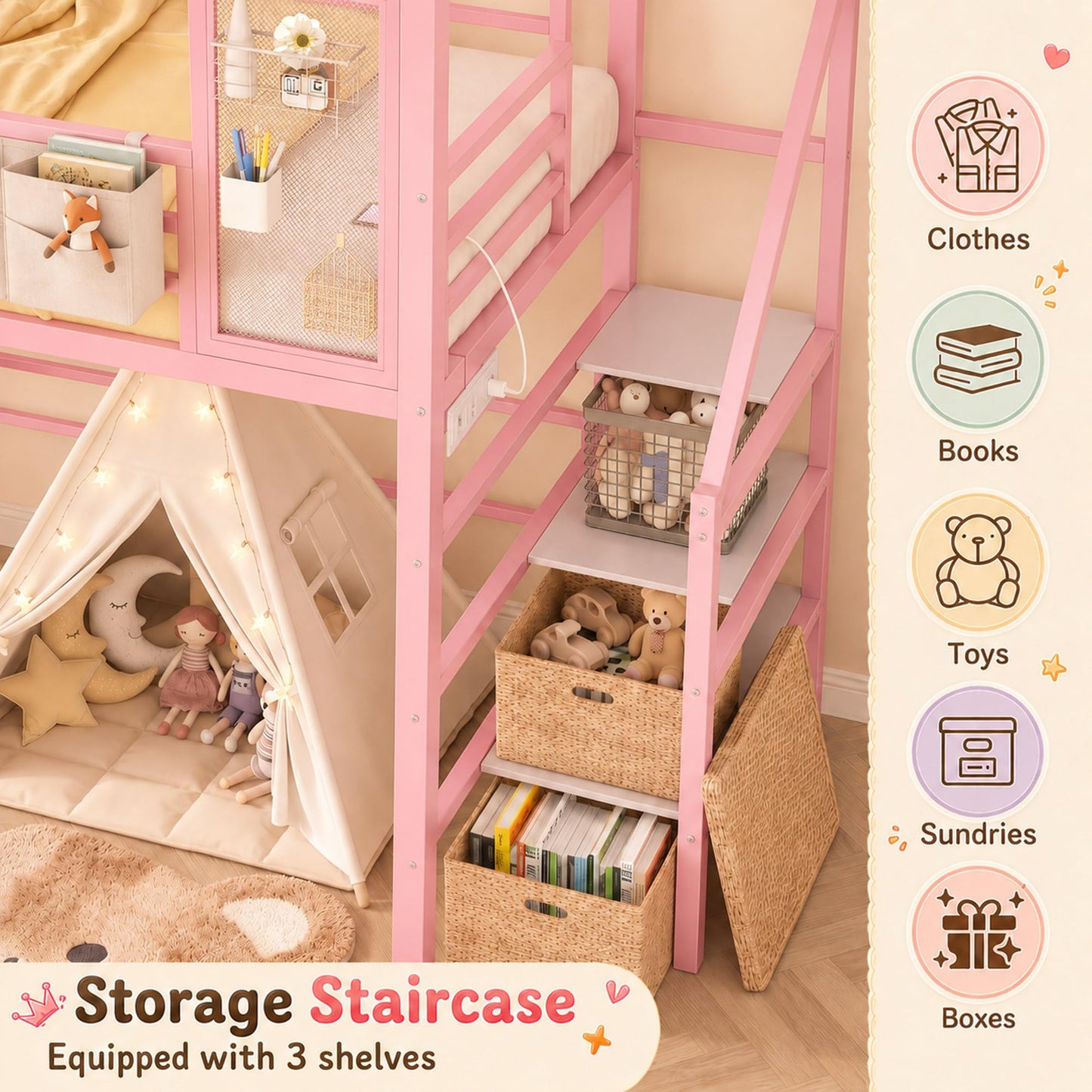 Firscook Twin Loft Bed with Stairs, Charging Station, Storage & Light Strip, Metal House Shape Loft Bed Twin Size, Heavy-Duty Loft Beds Frame for Kids, Teens, No Box Spring Needed, Pink (Pink, Twin)