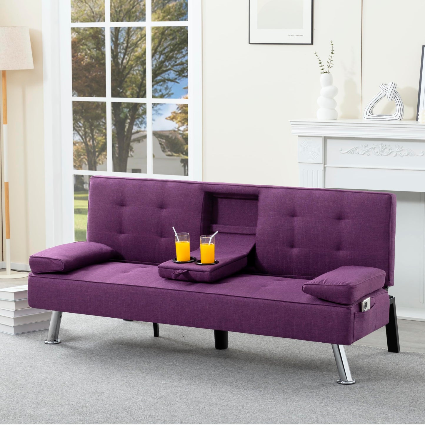 Trygoal Linen Futon Sofa Bed, Small Futon Couch Bed with Adjustable Armrest and Tufted Back, Convertible Sofa Beds with Adjustable Backreat for Small Spaces, Living Room, Apartment, Purple