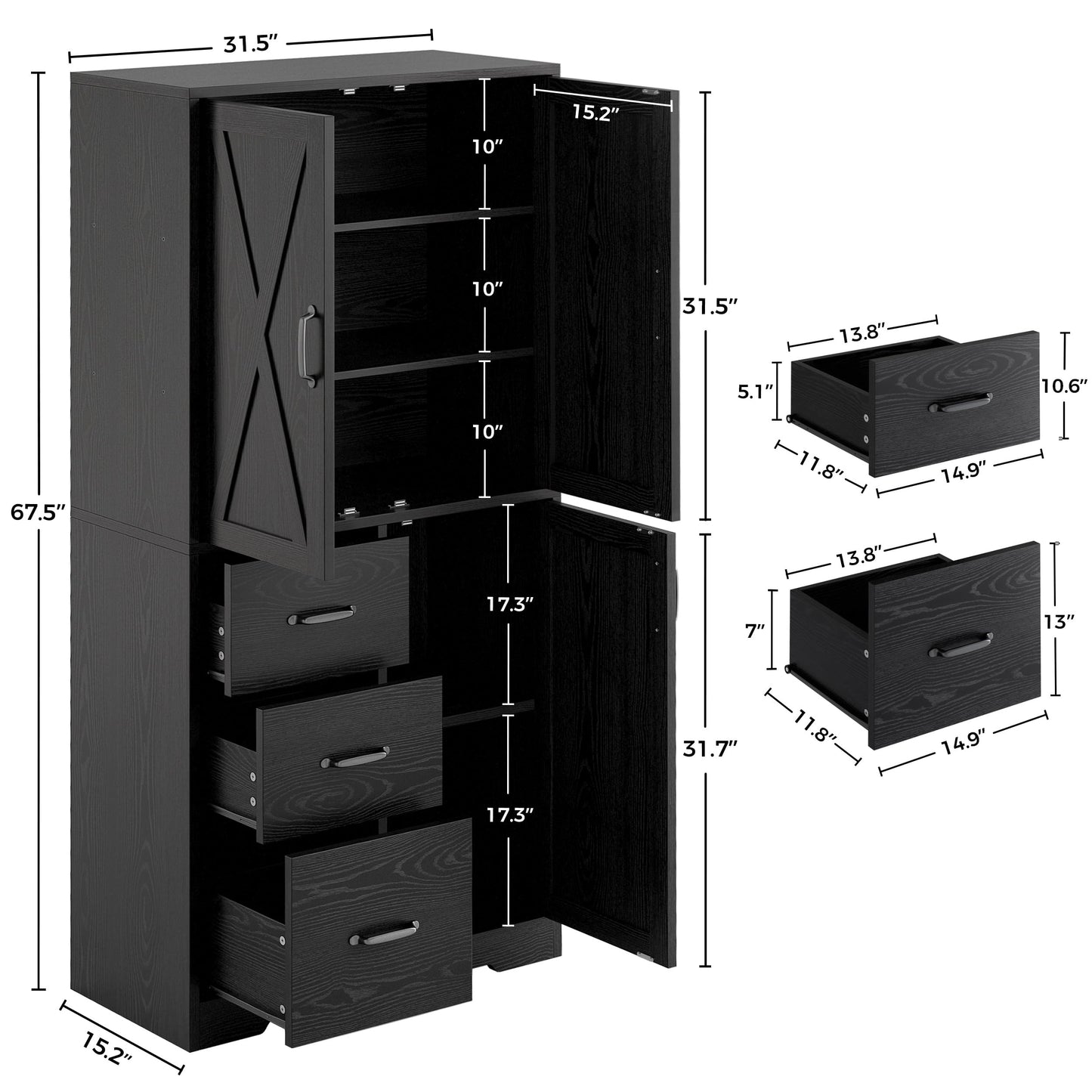 IRONCK Pantry Cabinet, 67.5 inch Tall Storage Cabinet with 3 Doors & Drawers, Farmhouse Kitchen Cabinet with Adjustable Shelves, 5 Tier Freestanding Cupboard for Kitchen, Black