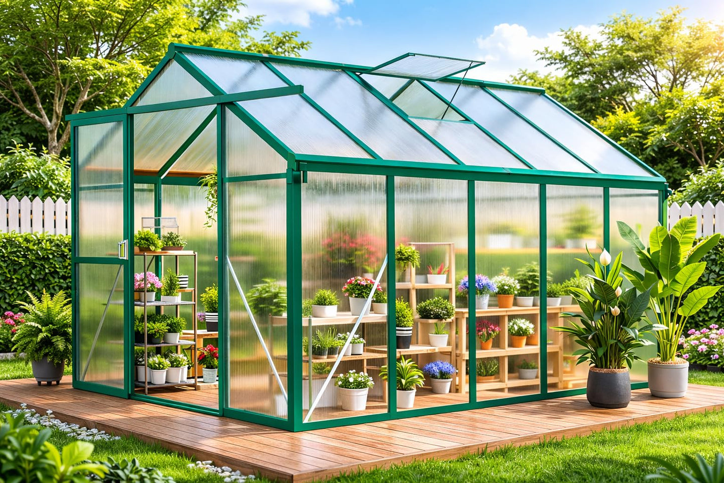 Greenhouse, 6x10 FT Greenhouse for Outdoors, Walk-in Green House with Ground Nails and Vent Windows, Sliding Lockable Door, Polycarbonate Greenhouses for Outside Garden Backyard, Quick Setup, Green