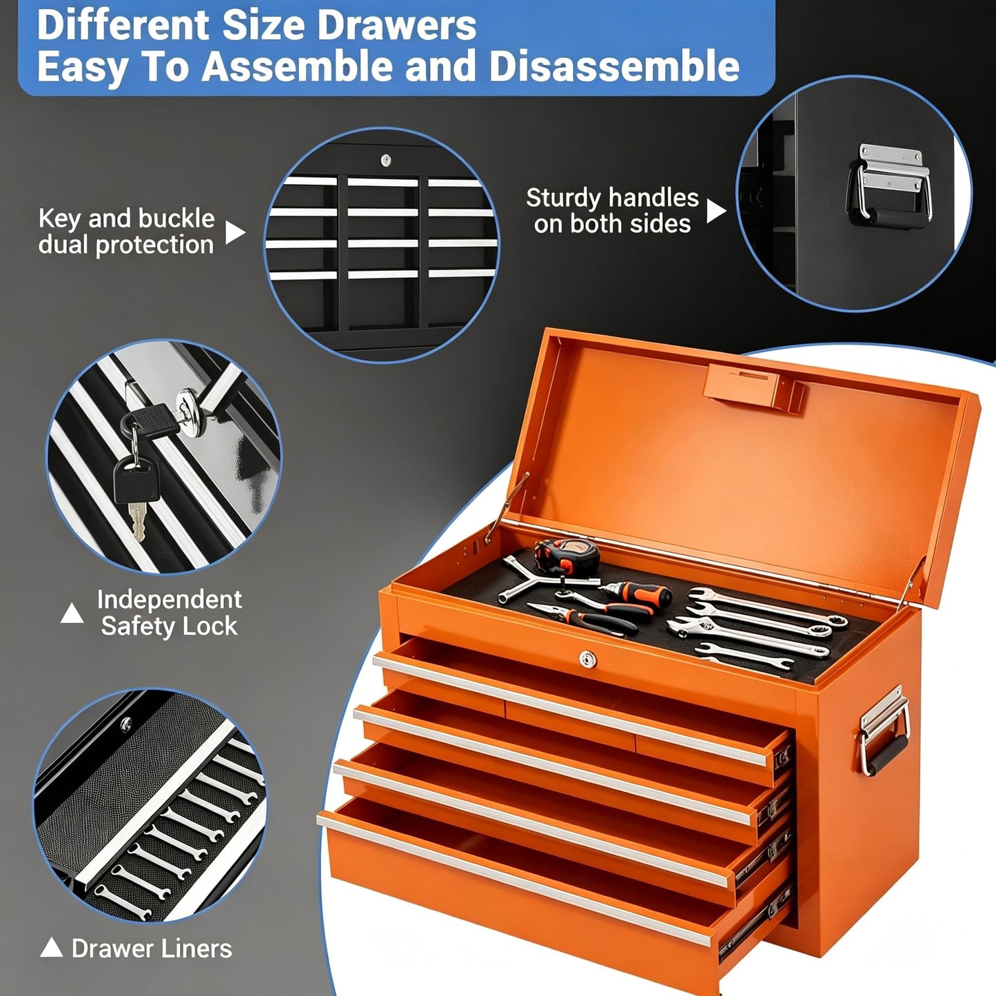 SierraSquad Heavy Duty 5-Drawer Rolling Tool Chest, 2-in-1 Detachable Top Tool Box, Locking Steel Storage Cabinet Cart on Wheels, Orange