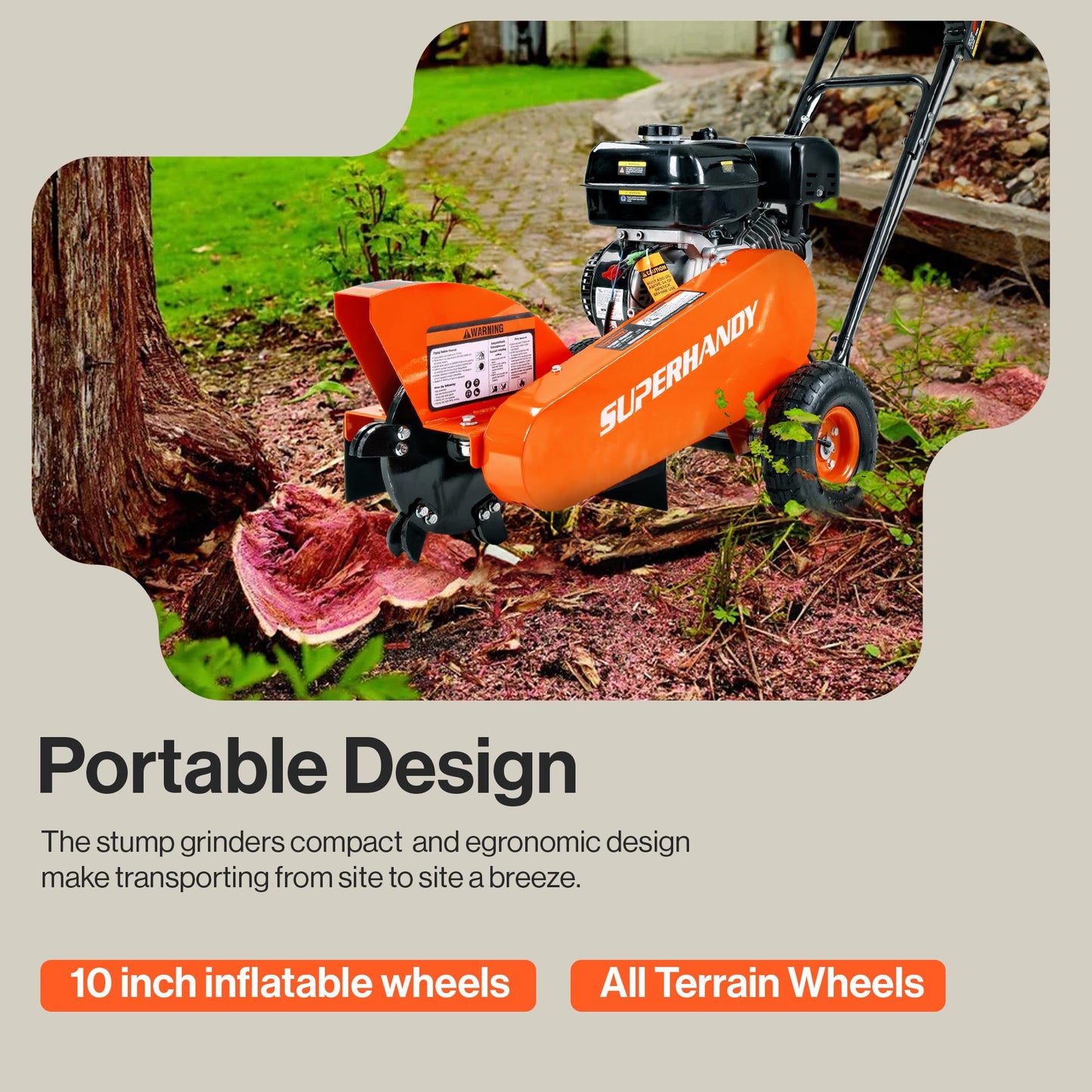 SuperHandy Gas-Powered Stump Grinder with 9HP Engine, Direct Belt Drive, 12-Inch Cutting Depth, 6 Durable Carbide Teeth – Compact and Lightweight