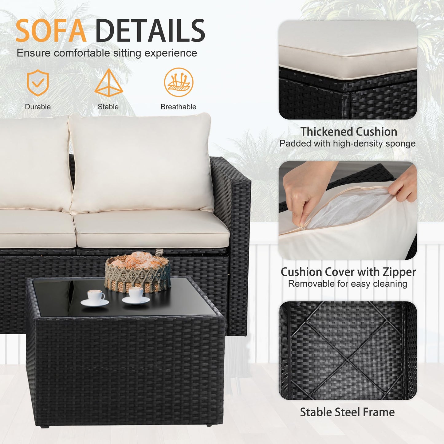 Shintenchi 4 Pieces Patio Furniture Set, 2-in-1 Convertible Sectional Sofa & Chaise Lounge, All-Weather Wicker Rattan Sofa Couch with Cushions & Coffee Table for Yard, Garden, Porch, Poolside (Beige)