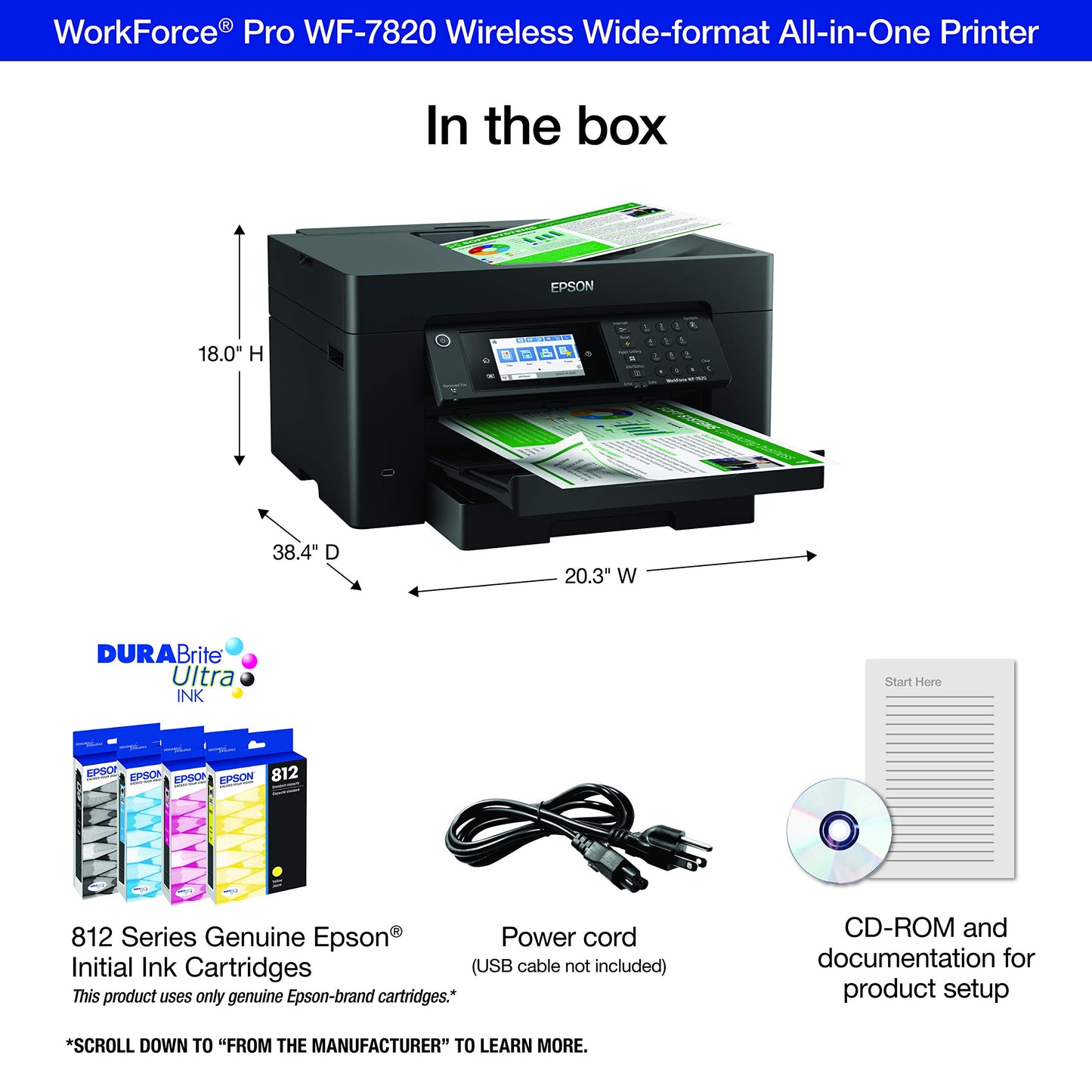 Epson Workforce Pro WF-7820 Wireless Duplex All-in-One Wide-Format Printer, Copier, Scanner, and Fax with 50 Page ADF, 250 Sheet Paper Capacity and Mobile Printing, Black