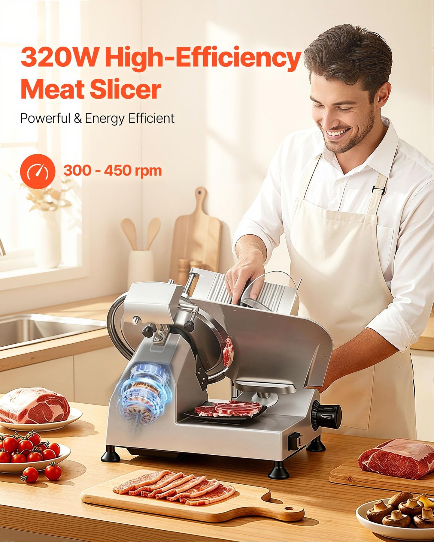 VEVOR Commercial Meat Slicer, 320W Electric Deli Food Slicer with 12" Carbon Steel Blade, Built-In Sharpener & 0-0.6" Adjustable Thickness for Frozen Meat, Ham, Baguett, Steak, UL Approved