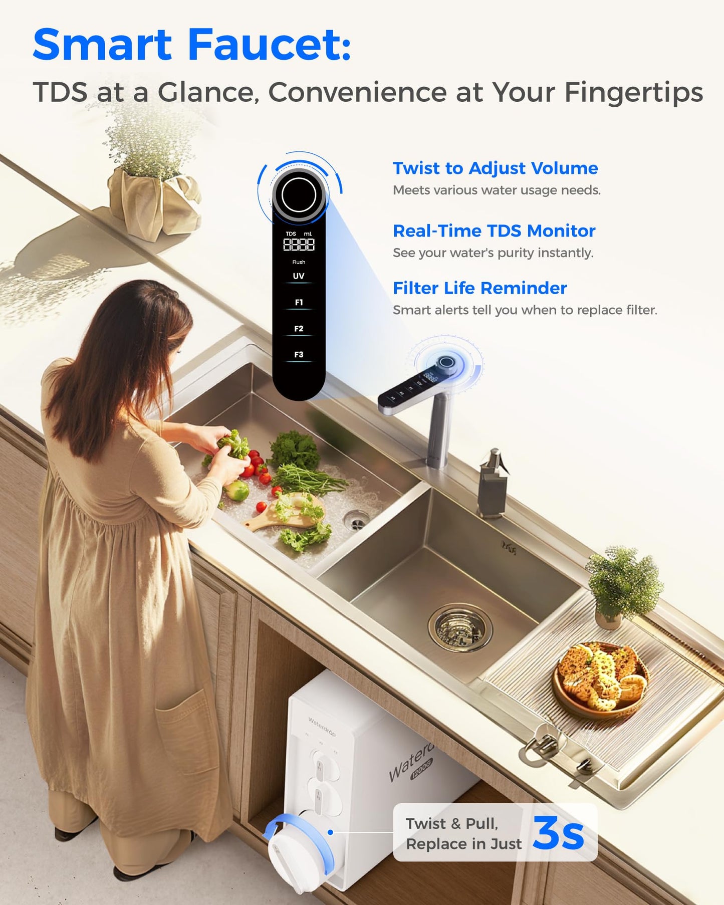 Waterdrop X12 Alkaline Mineral Reverse Osmosis System, NSF/ANSI 42&58&372 Certified, 1200 GPD, 11-Stage Filtration Tankless RO, 3:1 Pure to Drain, UnderSink, Smart Stainless Steel Faucet, BPA Free