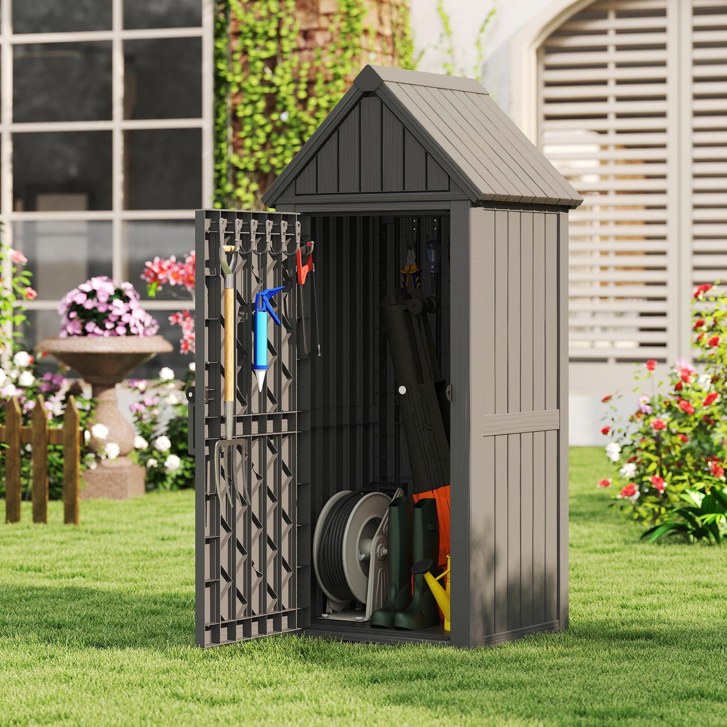 Bifanuo Deck Box Storage Shed Outdoor Storage Cabinet, Vertical Waterproof Resin Material Plastic Shed with Removable Shelves, 12 Hooks and Lock Ring for Garden, Pool and Patio (Grey)