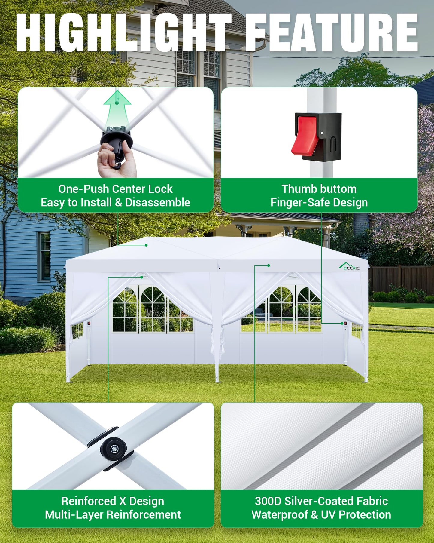 Acepic 10x20 Pop Up Canopy Tent with 6 Removable Sidewalls, One-Push Center Lock Design, Commercial Grade Waterproof Party Gazebo, UV Protection Outdoor Event Shelter with Church Windows, White