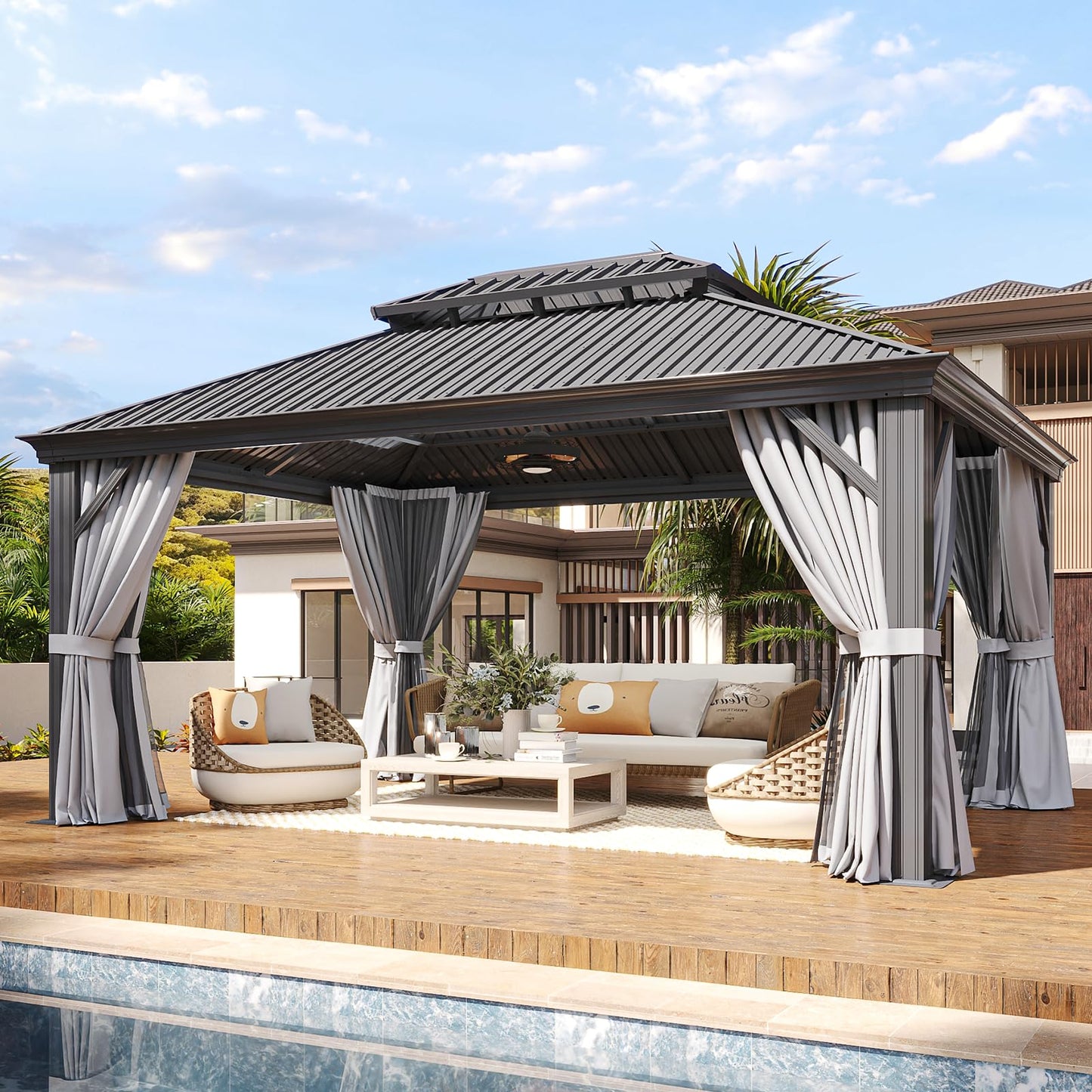 LET'S PATIO 12' x 16' Hardtop Gazebo, Outdoor Aluminum Gazebo with Galvanized Steel Double Roof and Drainage System, Permanent Metal Pavilion with Curtains and Netting for Patio, Deck and Lawn, Gray