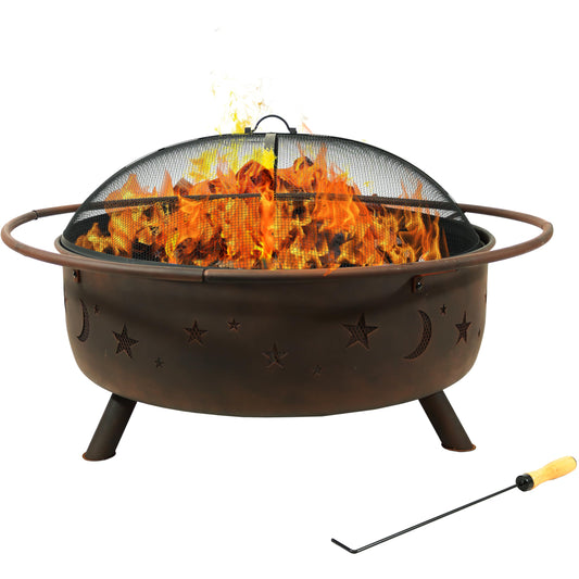 Sunnydaze Cosmic 42-Inch Large Outdoor Fire Pit - Wood-Burning Firepit for Outside Patio, Backyard, Deck - Steel - Wood Grate, Spark Screen, and Fireplace Poker Included - Bronze - 34” Bowl Diameter