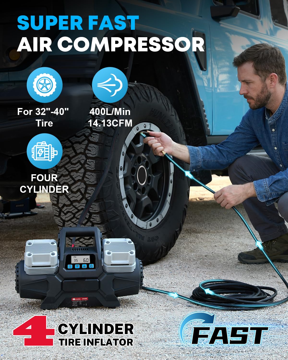 Kohree 12V Four Cylinder Fast Air Compressor with Digital Display Panel, Heavy Duty 14.13 CFM Tire Inflator Tire Pump for Offroad Truck RV 4x4 Vehicle, Max 150 PSI