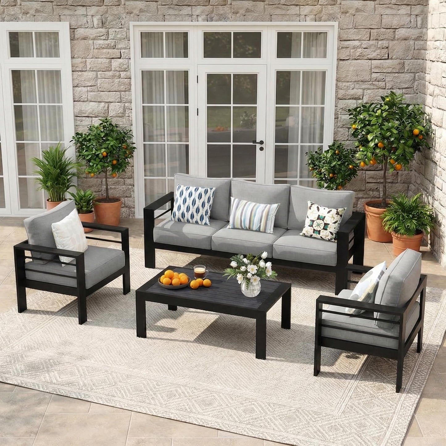 Solaste Aluminum Patio Furniture Set, 5 Seats Patio Sectional Sofa with 5" Thick Cushion, Outdoor Patio Set with Coffee Table, Patio Sofa Set for Porch, Yard, Backyard, Deck, Light Grey