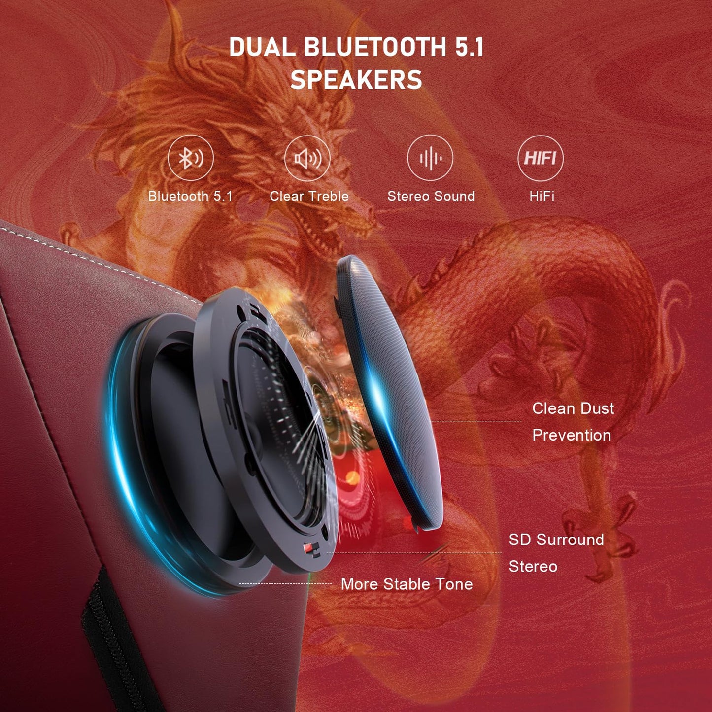 GTPLAYER Gaming Chair with Bluetooth Speakers and Footrest, Dragon Series Video Game Chair, Heavy Duty, Ergonomic, Esports Computer Office Chair, (RED)