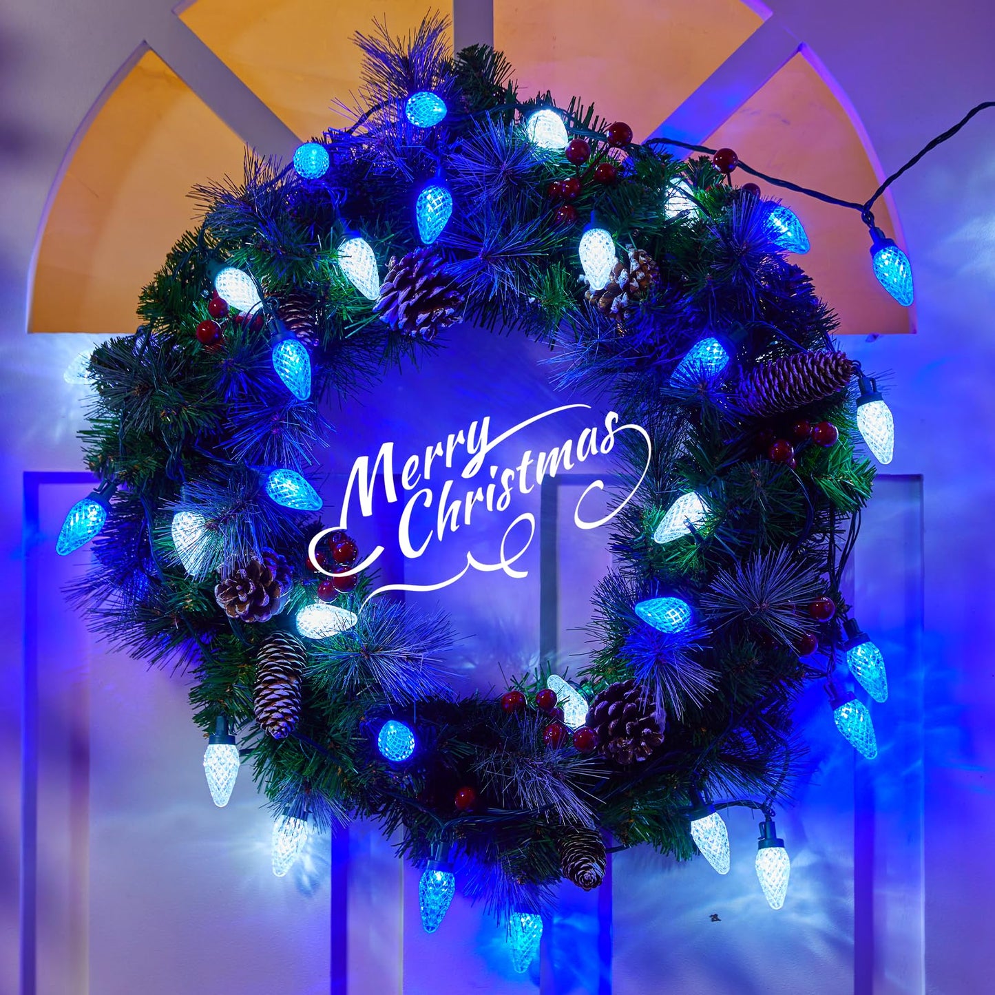 Minetom C9 LED Christmas Lights, 81ft 100 Bulbs, Waterproof, Timer & 8 Modes, Blue & Pure White, Outdoor/Indoor Decoration