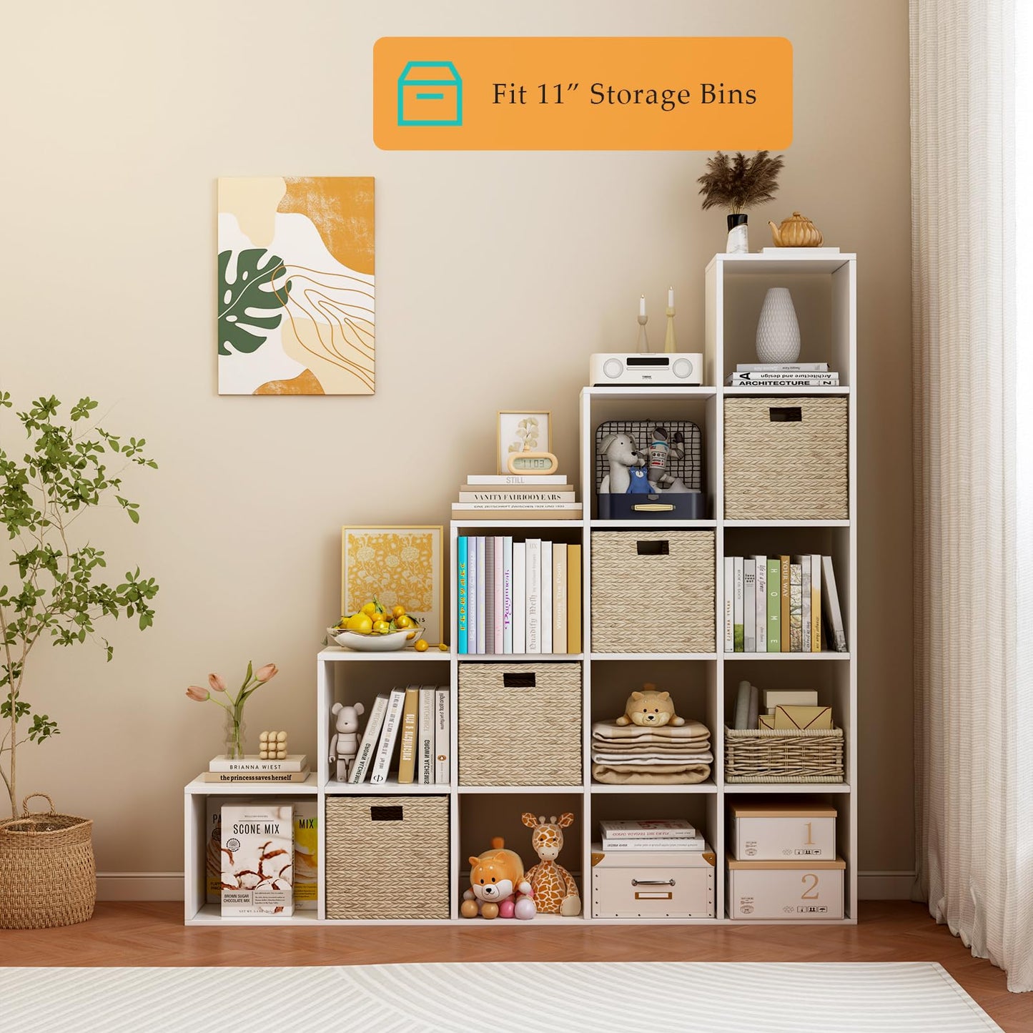 OSCHF Ladder Cube Storage Bookcase - Wooden L-Shaped 5-Tier Corner Shelf, Reversible 15-Cube Organizer for Home & Office, White