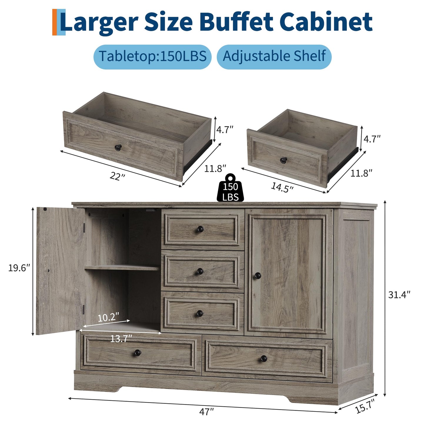 Garvee Farmhouse Sideboard Buffet Cabinet with 5 Drawers and 2 Doors, 47" Kitchen Storage Cabinet, Wood Coffee Bar Cabinet with Adjustable Shelves for Dining Room Living Room, Grey