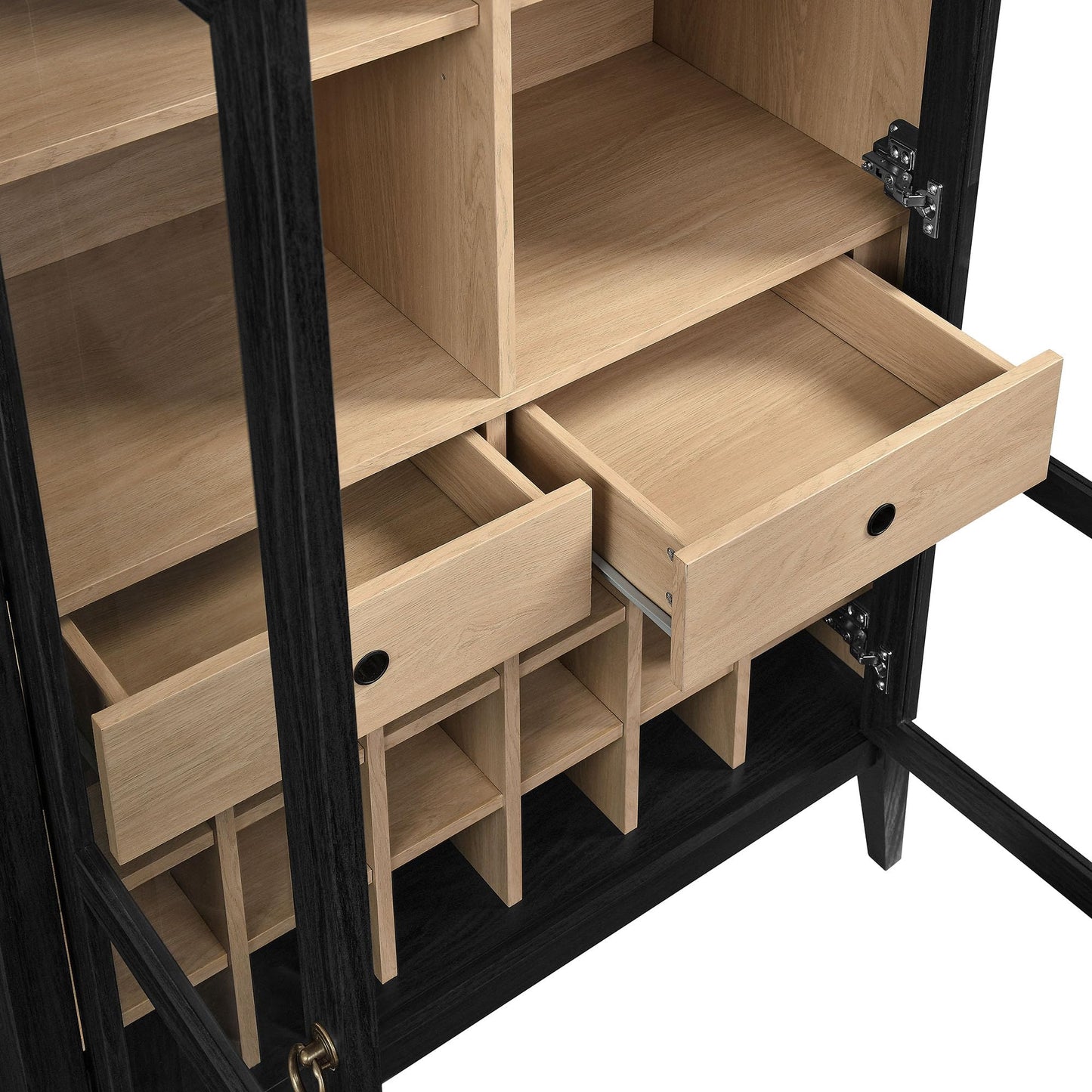 Modway Nolan Modern Farmhouse Arched Bar Cabinet in Black Wood Grain - 72 Inch Tall Wine Storage Cabinet with Glass Doors and Wine Rack - Large Liquor Cabinet for Dining or Living Room