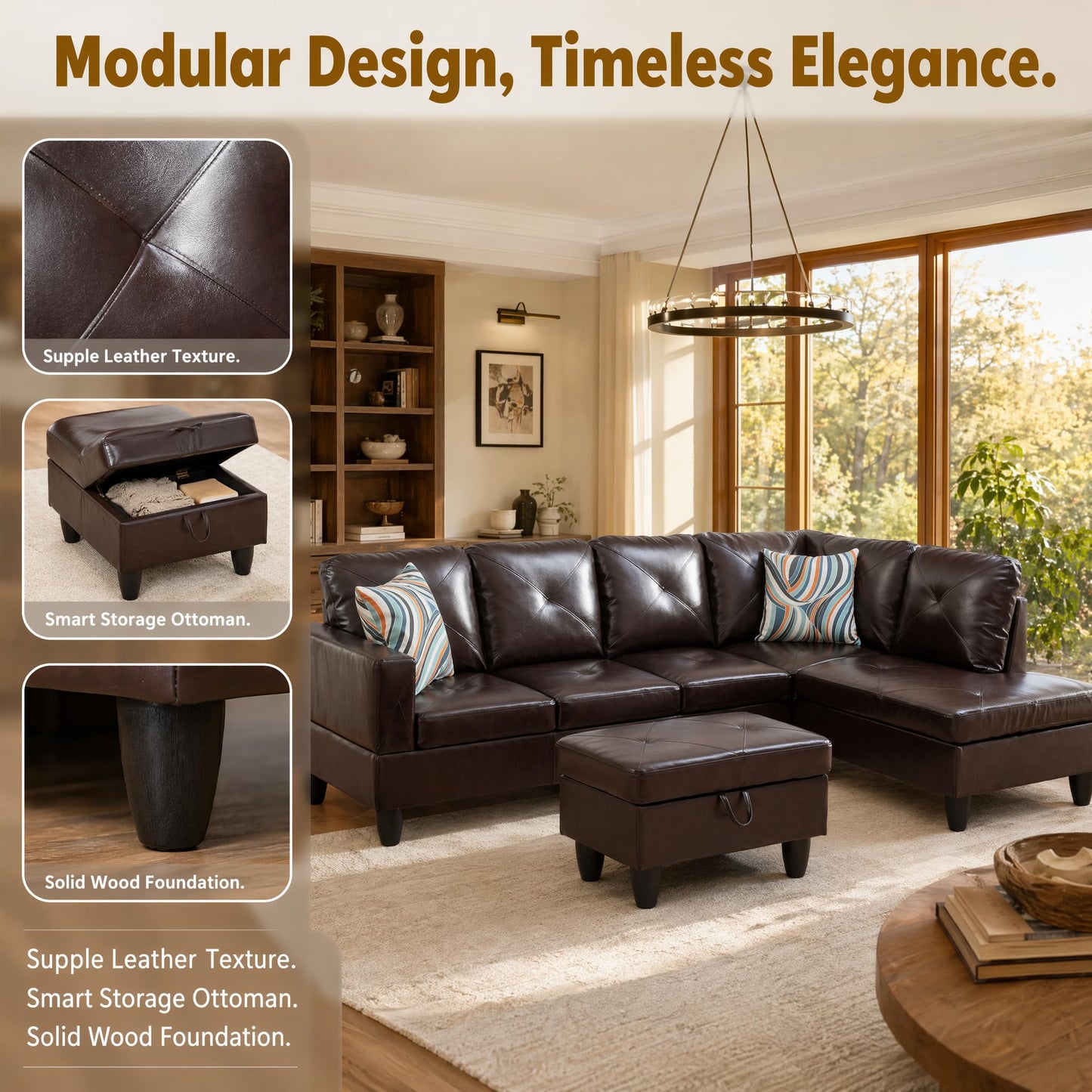 Trygoal 97" Leather L Shaped Couch with Right Chaise & Cup Holder, Sectional Sofas Modular Furniture Set with Storage Ottoman, Convertible Couches for Living Room, Small Space & Office (Brown)