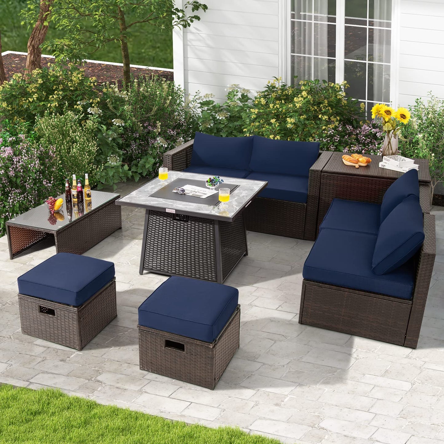 Tangkula 9 Pieces Outdoor Patio Furniture Set with 35-Inch Propane Fire Pit Table, Outdoor PE Wicker Sectional Sofa Set with Storage Box and Cushions, 50,000 BTU Gas Fire Pit Table (Navy)