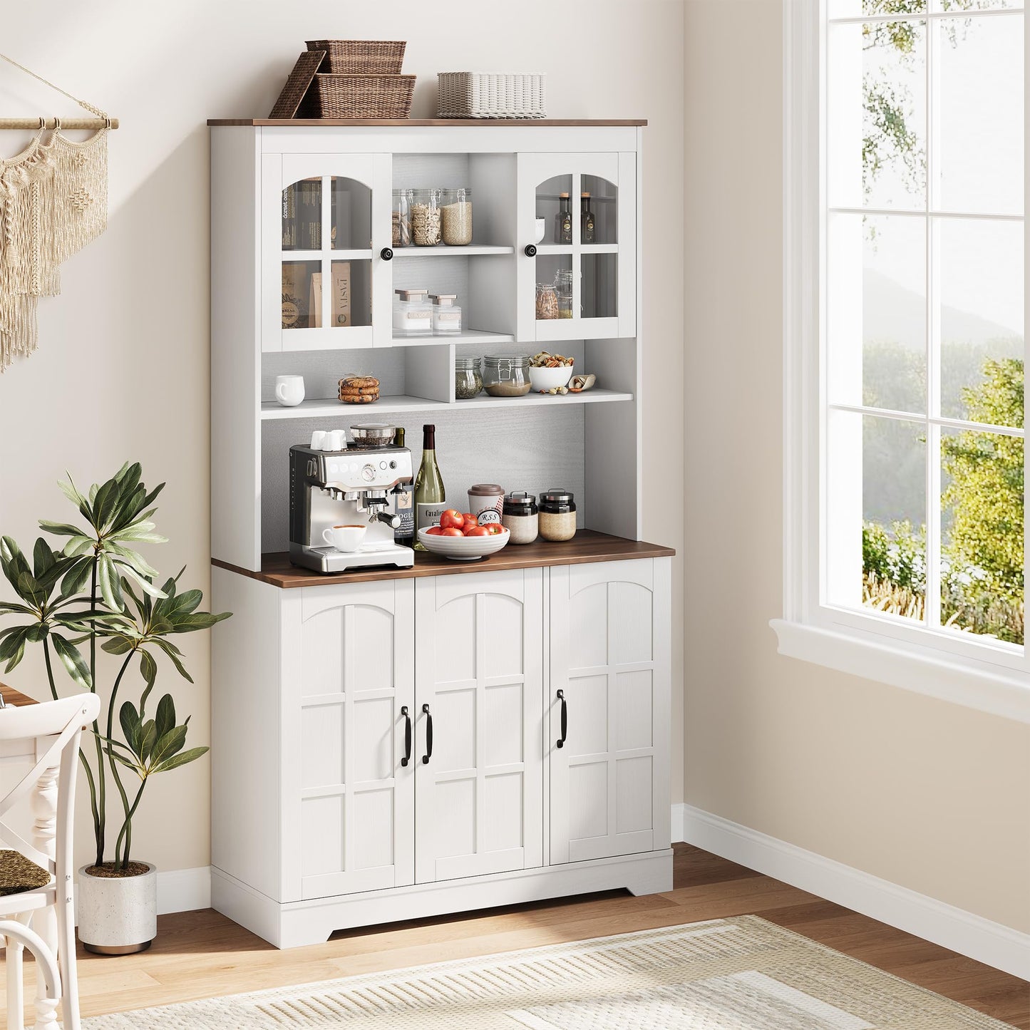 IDEALHOUSE Pantry Cabinet, 70.9 Inch Kitchen Cabinet with Glass Doors, Tall Kitchen Pantry Storage Cabinet with Hutch