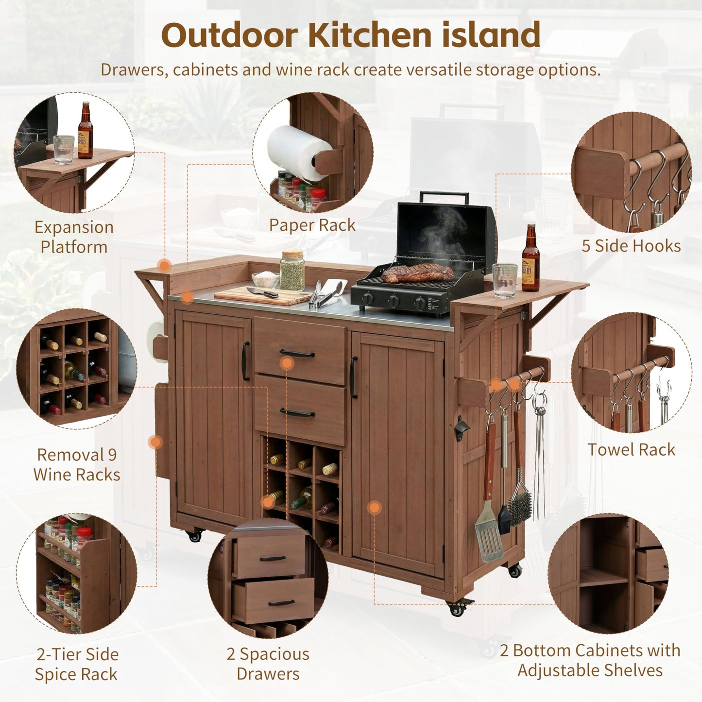 Merax 60.2''W Outdoor Kitchen Island on Wheels with Stainless Steel Top, Wood Rolling Patio Grill Cart with Storage Cabinets, Drawers, Spice Rack & Wine Rack, Outdoor Grill BBQ Prep Table, Brown