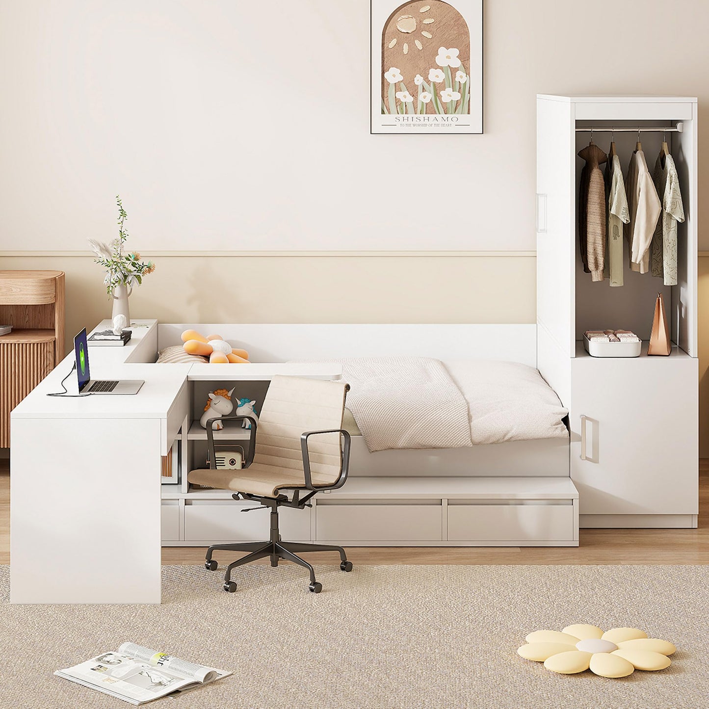 Merax Full Size Platform Bed with 6 Storage Drawers, Wooden Daybed with Desk, Sheves and Wardrobe