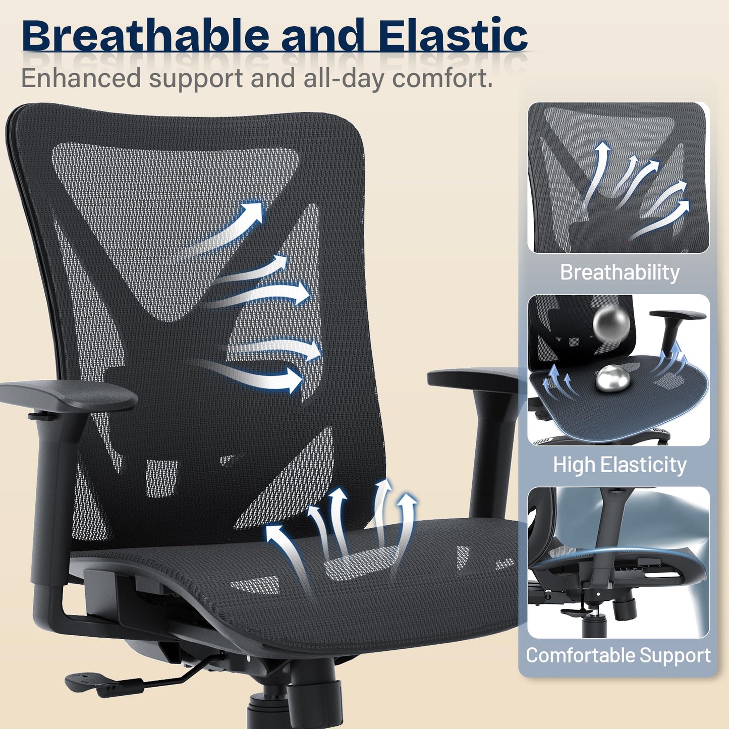 MOLENTS Ergonomic Office Chair, Mesh Computer Desk Chairs with Adjustable Lumbar Support, 3D Armrests, Tilt Function, Comfy Wide Seat, Swivel Executive Work Task Chair for Company and Home