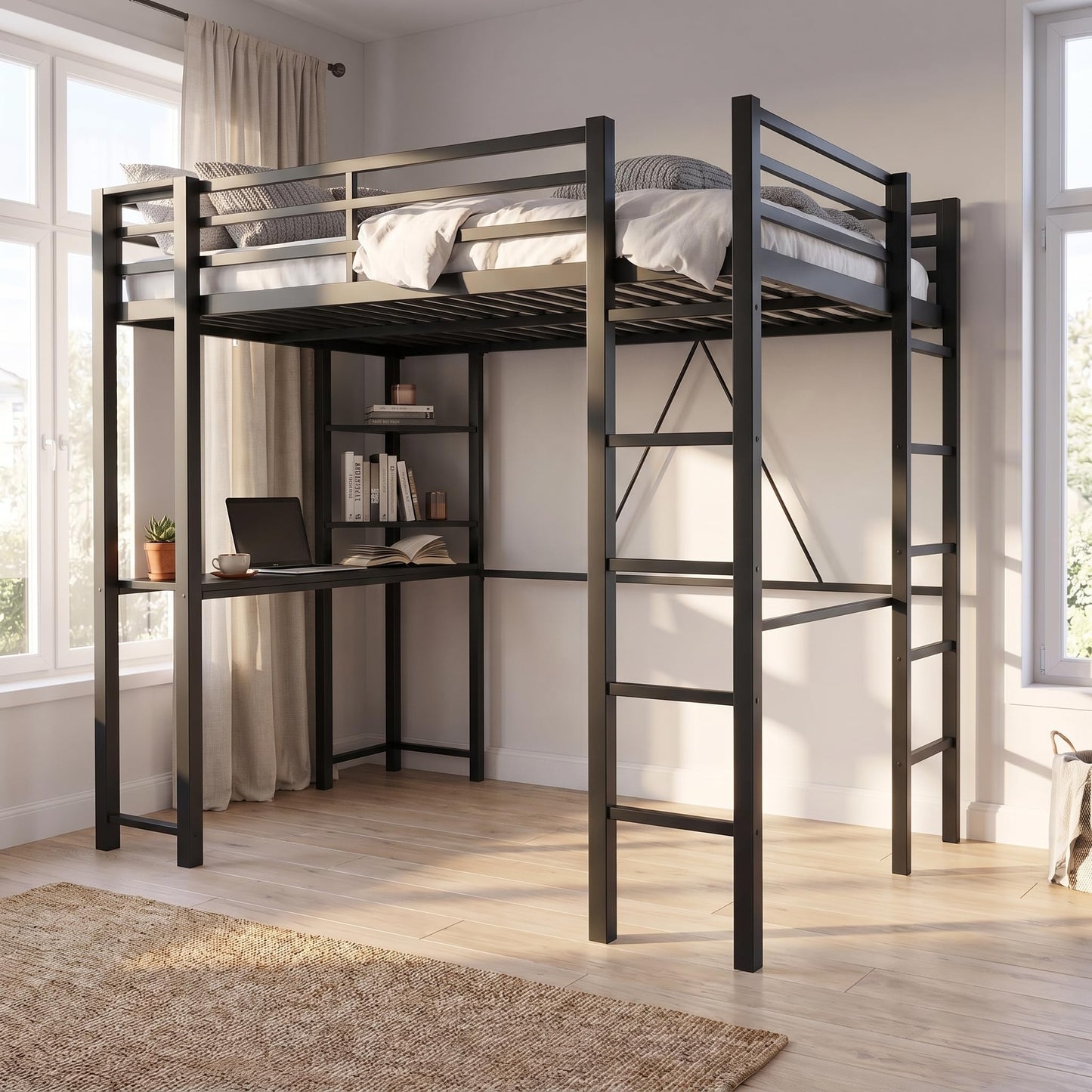 SUNLEI Loft Bed with Desk, Metal Loft Bed Full Size with 2 Built-in Ladders, Space-Saving Bed Frame, with Safety Guard, Noise Free for Small Bedroom, (Full Size) Black
