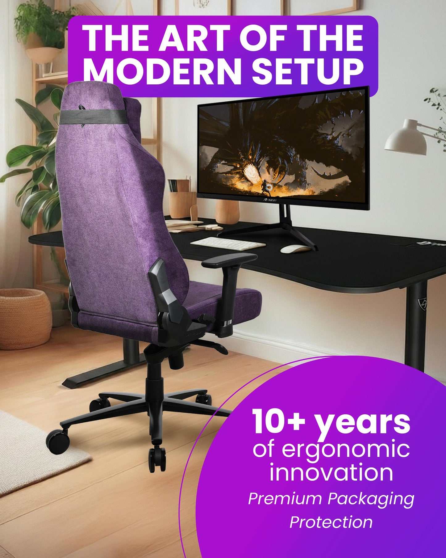 Arozzi Vernazza Gaming Chair - Soft Fabric Gaming Chairs for Adults Adjustable Height, Large Spacious Seat & Backrest with Support Pillows - Swedish Design Home Office Computer Chairs, Purple