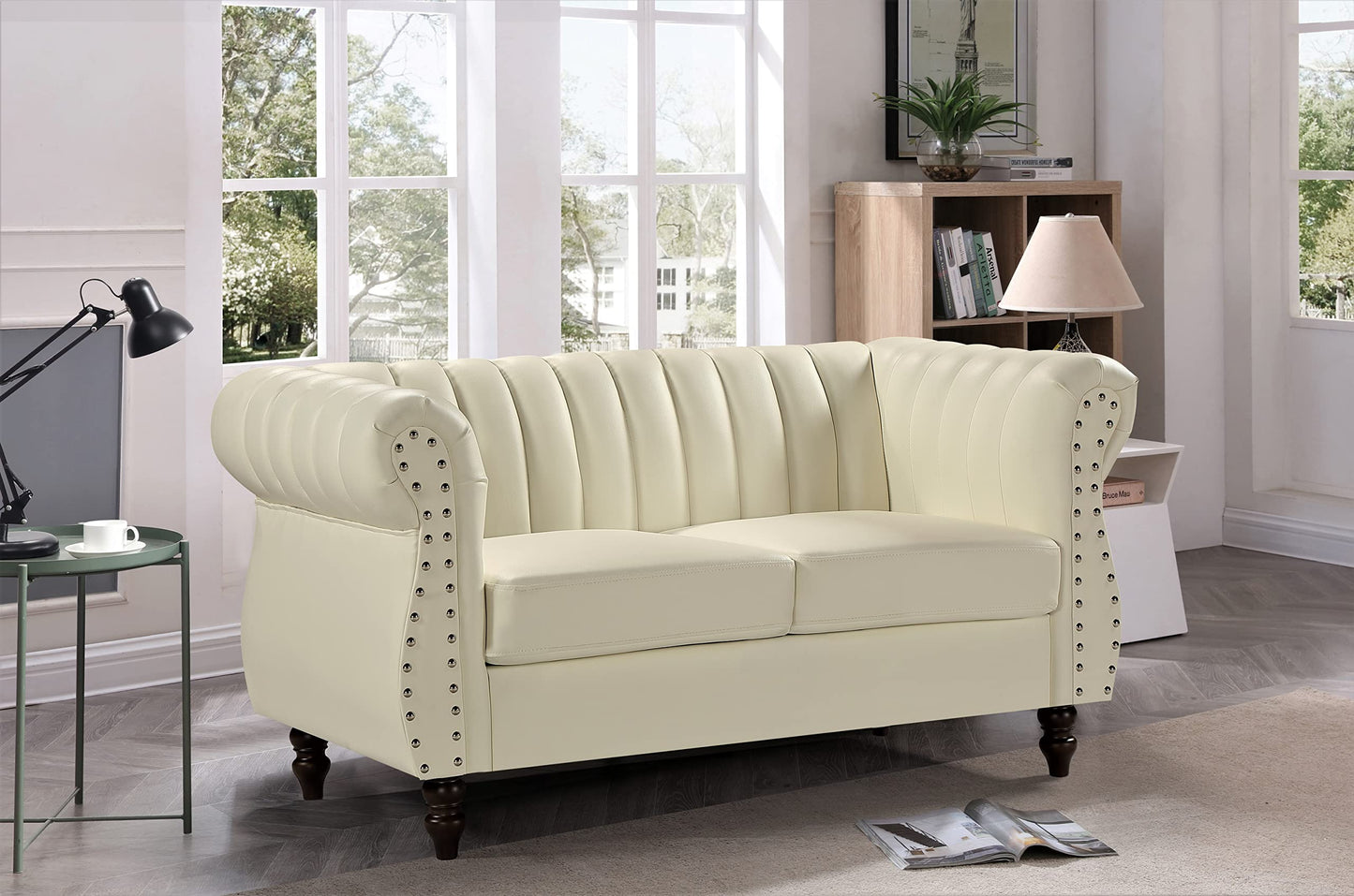 Container Furniture Direct Chesterfield-Inspired 60" Faux Leather Loveseat, 2 Seater Living Room Couch with Elegant Design, Gourd Legs, and Sustainable Pleather Upholstery, Cream White