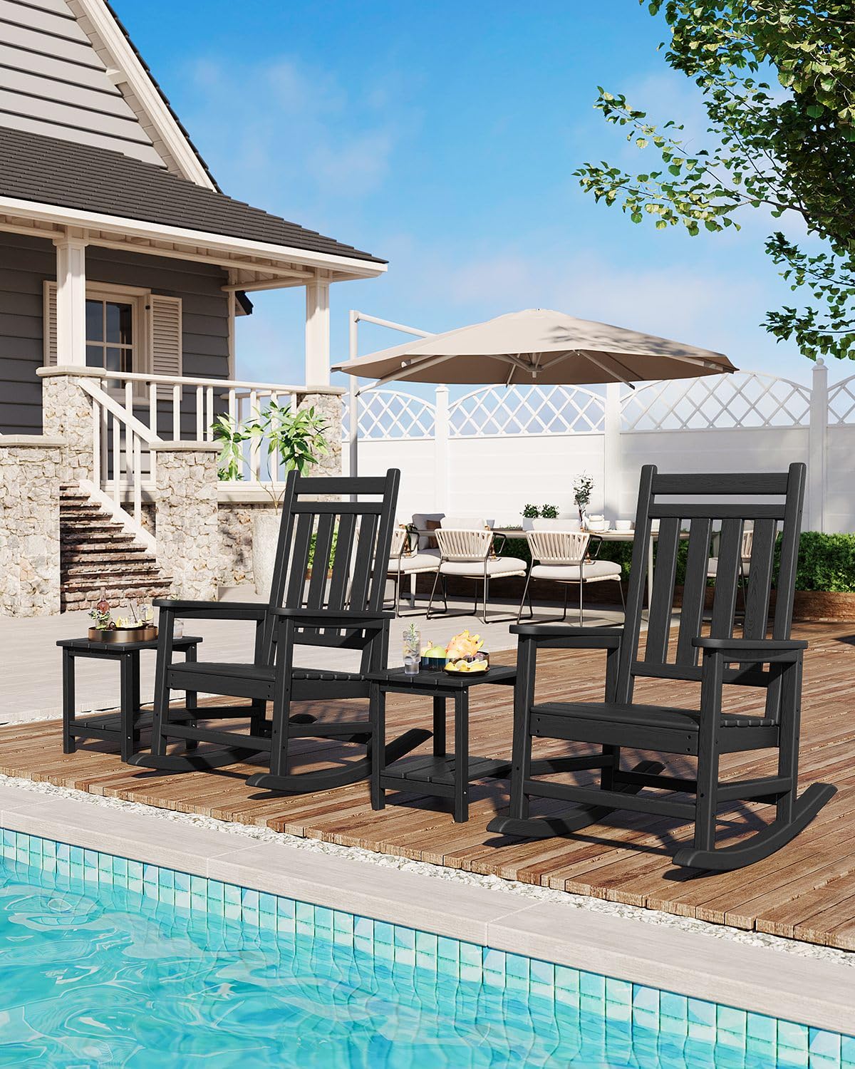 Garvee HDPE Rocking Chair Outdoor Set of 4 with 2 Side Table - Poly High Back Porch Rocker Chairs for Adults - All Weather Resistant Furniture for Patio Front Porch - Black